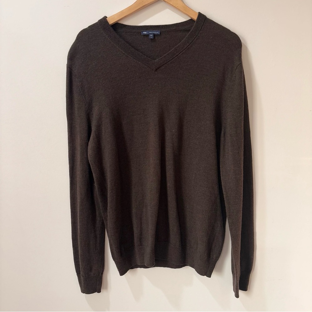 Gap Men’s Italian Merino Wool V Neck Sweater Size Large Neutral Brown F51